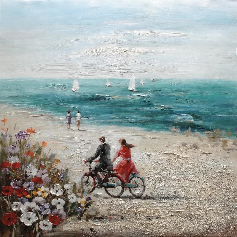 Stampa su tela Bici in spiaggia, azzurro, rosso 100 x 100 cm