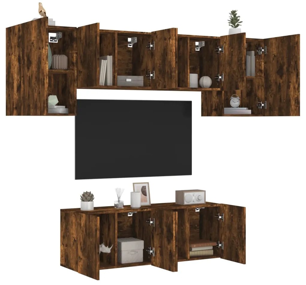 Mobili Tv A Muro 6pz Rovere Fumo İn Legno Multistrato /