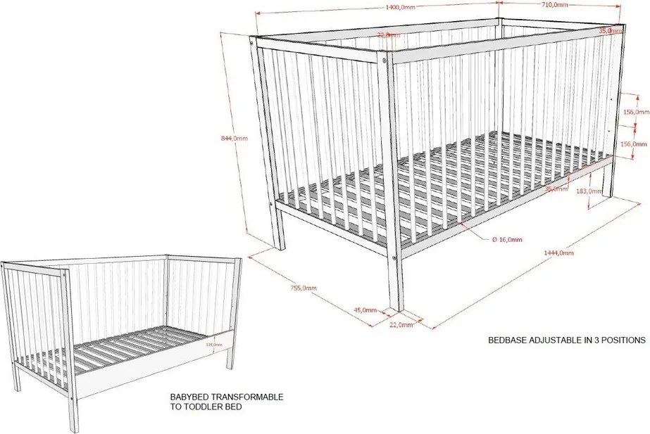 Lettino marrone in faggio massiccio con sponde rimovibili/con altezza regolabile 70x140 cm Dino – Vipack