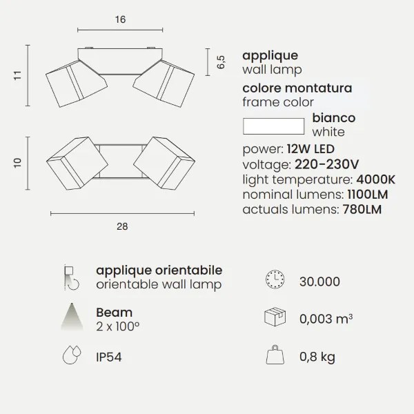 Applique per esterni a 2 Luci LED in alluminio Bianco e diffusore in vetro STEVE 28x11 cm