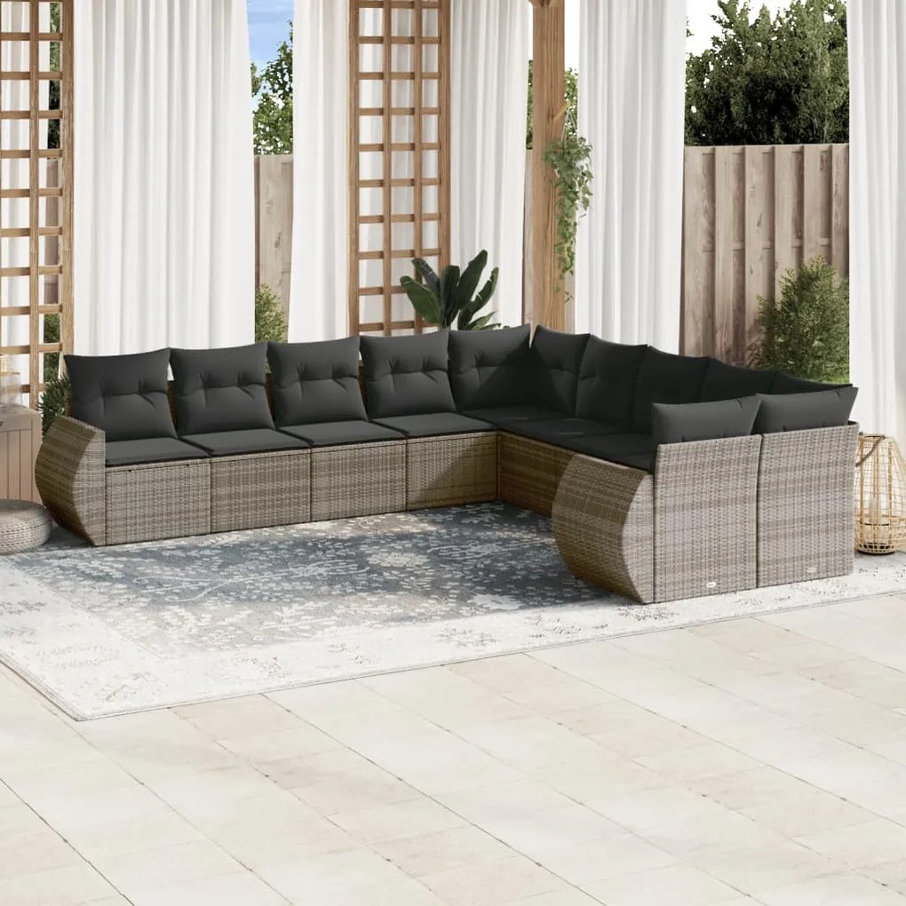 Set Divano da Giardino 10 pz con Cuscini Grigio in Polyrattan