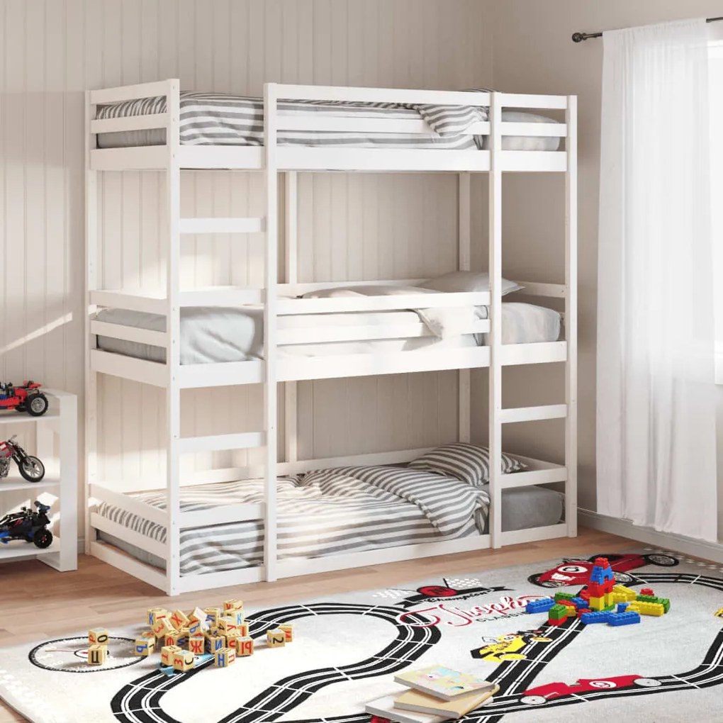 Letto A Castello Triplo Bianco 80x200 Cm Legno Massello Di Pino /