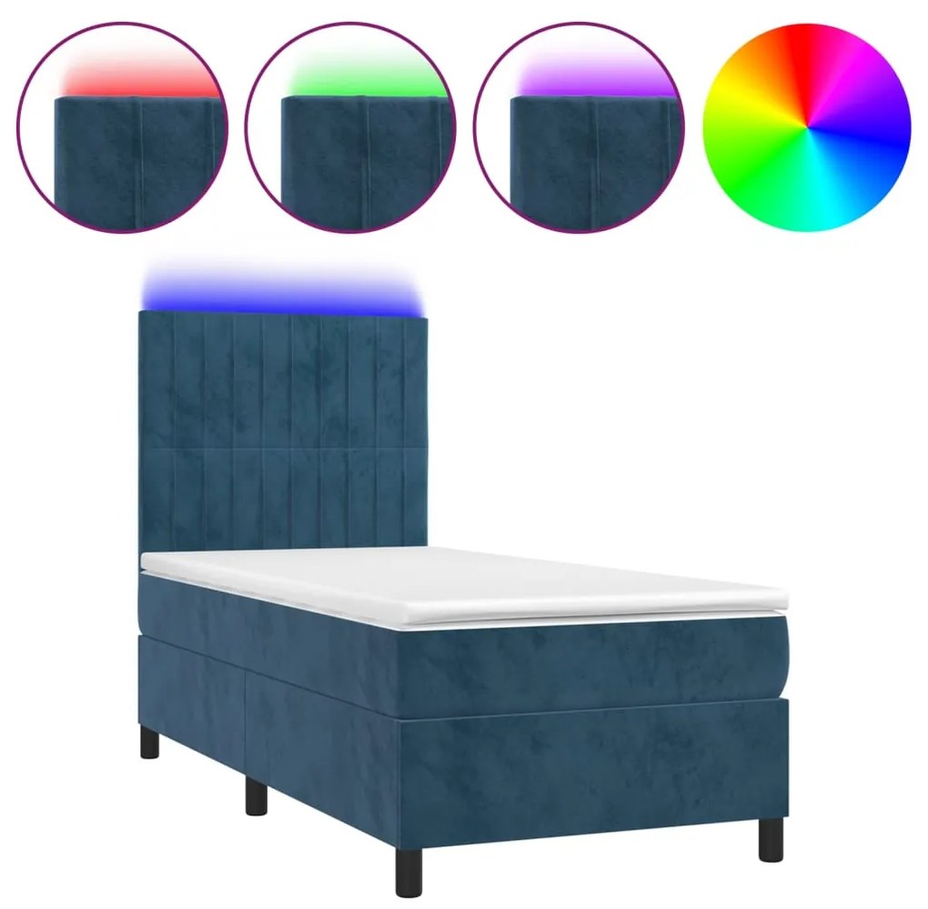 Letto a molle con materasso e led blu scuro 100x200 cm