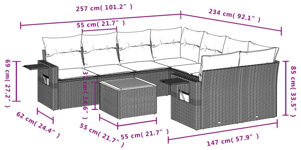 Set divani da giardino 9 pz con cuscini nero in polyrattan