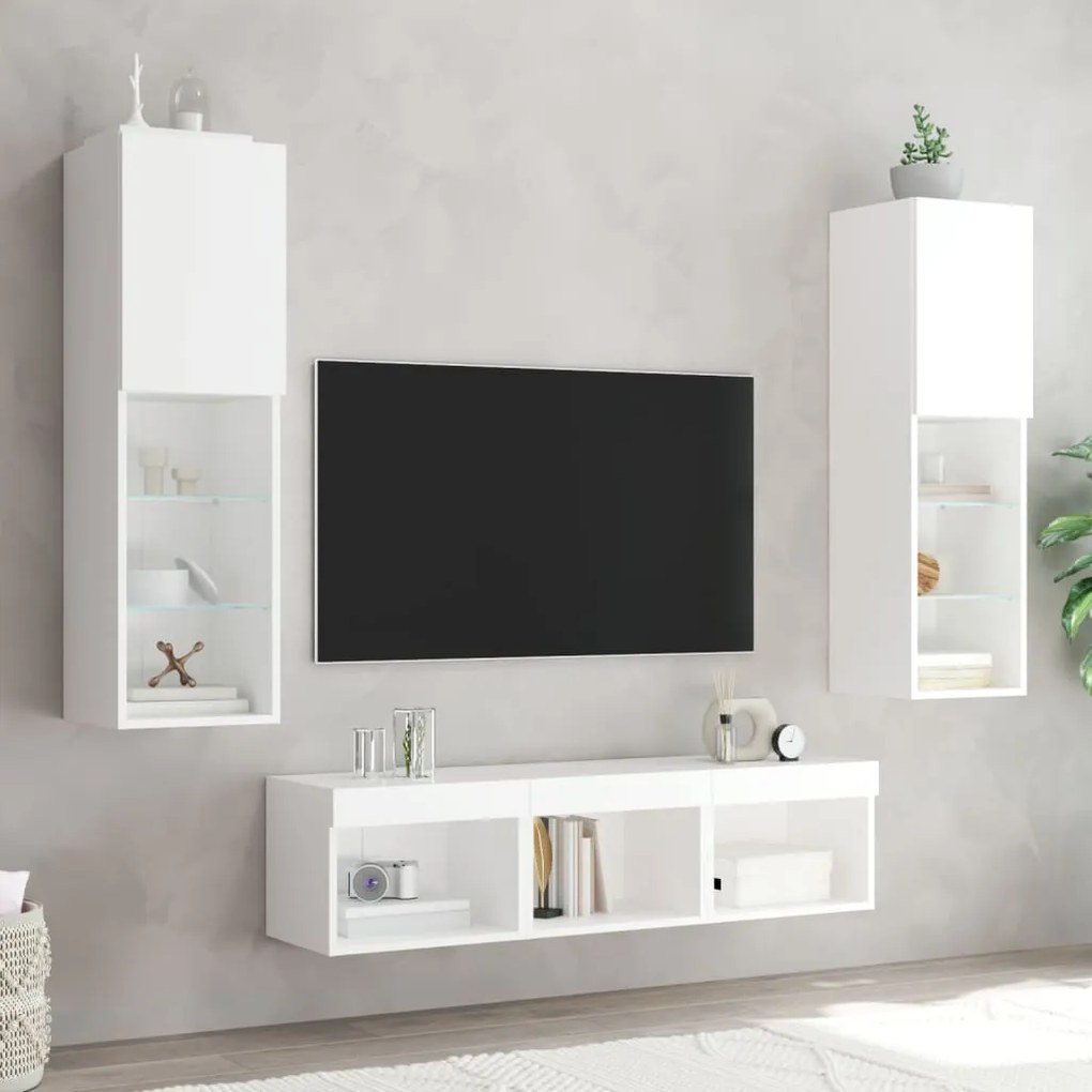 Mobili tv a muro con led 5pz bianchi in legno multistrato