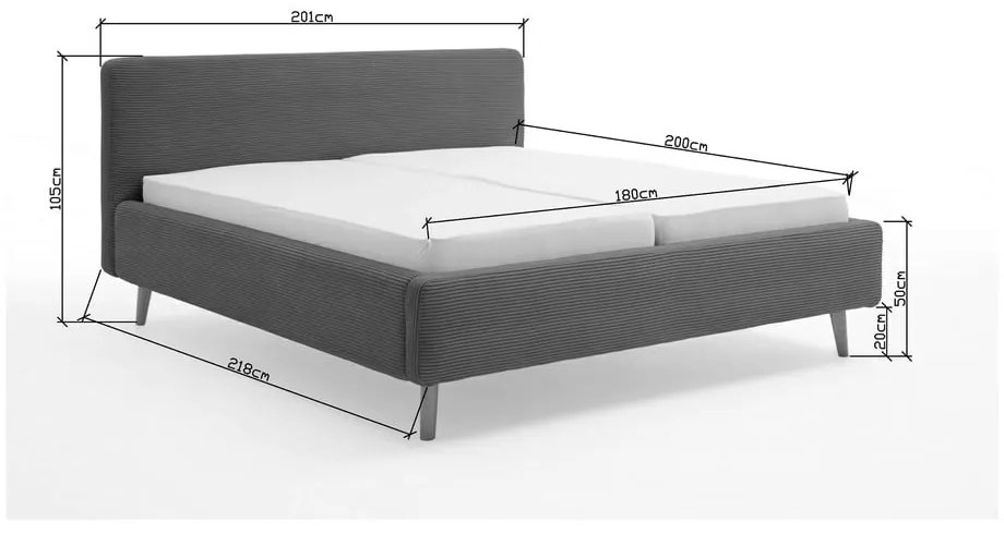 Letto matrimoniale imbottito grigio scuro con contenitore con rete inclusa 180x200 cm Mattis Cord – Meise Möbel