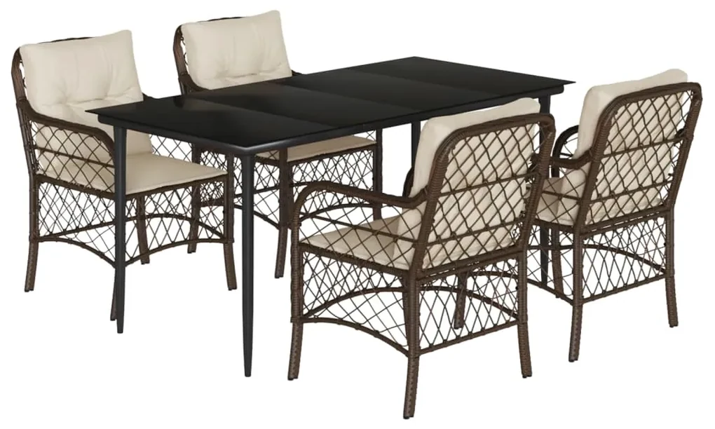 Set da pranzo da giardino 5pz con cuscini in polyrattan marrone