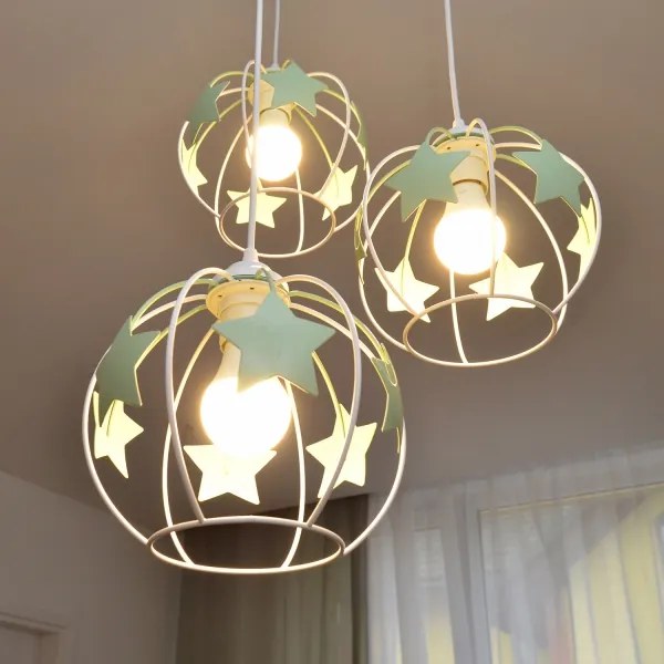 Lampadario a sospensione per bambini STARS 3xE27/15W/230V verde/bianco