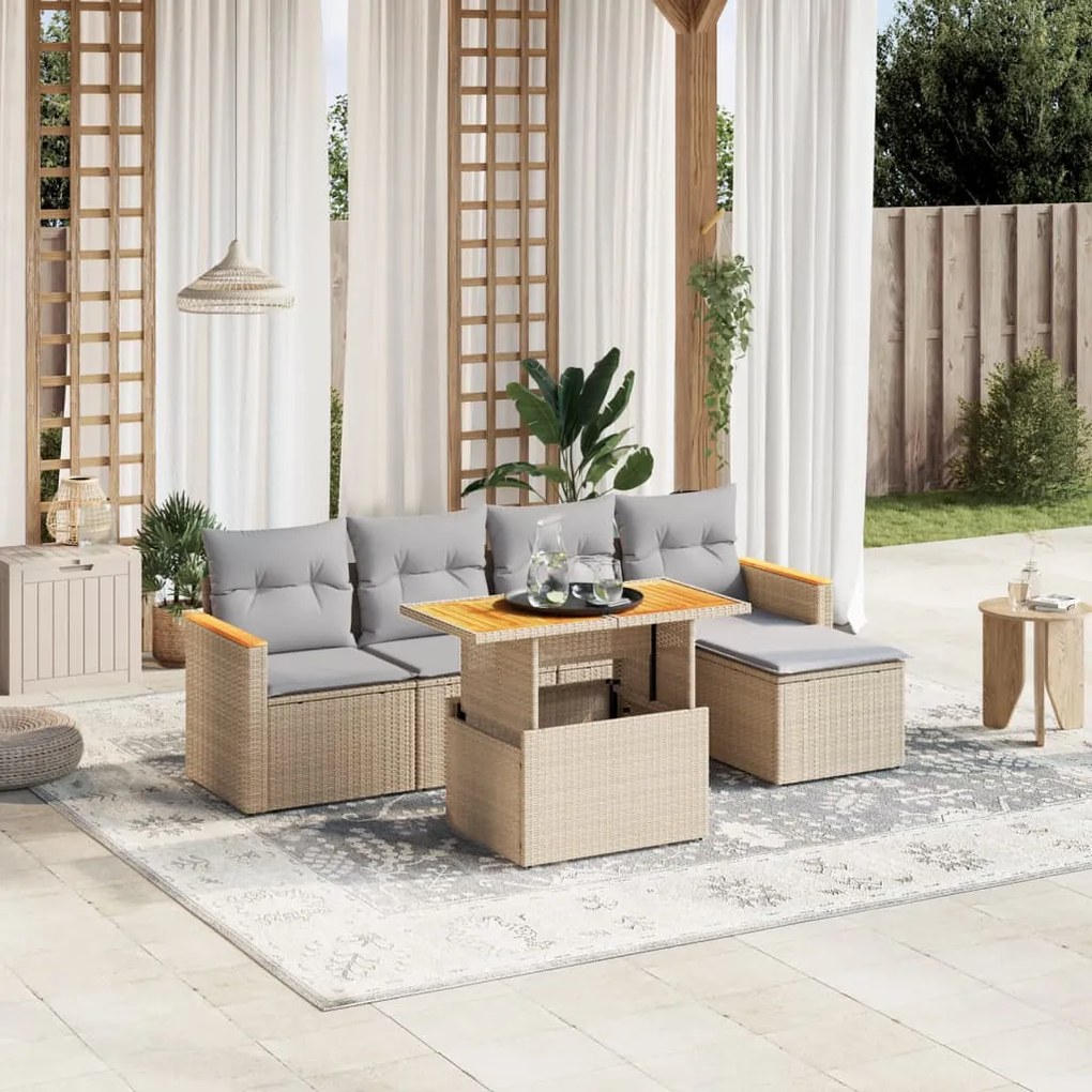 Set divano da giardino 6 pz con cuscini beige in polyrattan