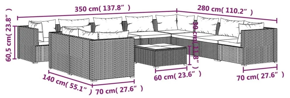 Set Divani da Giardino 11 pz con Cuscini in Polyrattan Grigio