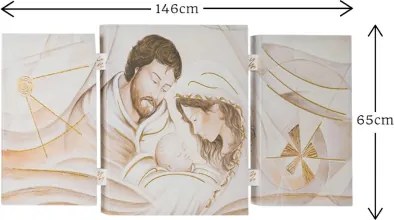 Quadro TRIS moderno su tela 65x146 cm telaio in legno tema Sacra Famiglia