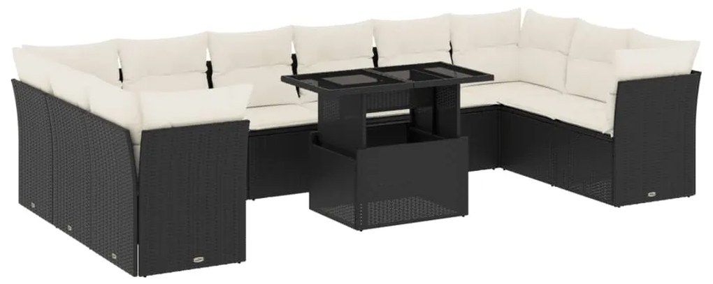 Set divani da giardino 11 pz con cuscini in polyrattan nero