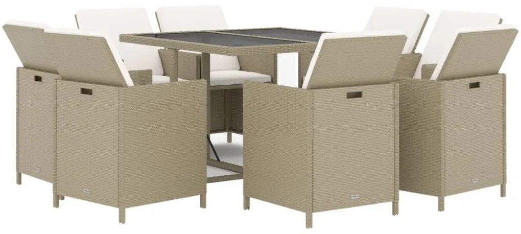 Set da pranzo per giardino 9 pz con cuscini in polyrattan beige