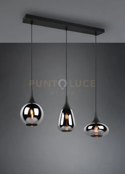 Lumina sospensione rettangolare metallo nero con 3 diffusori di vet...