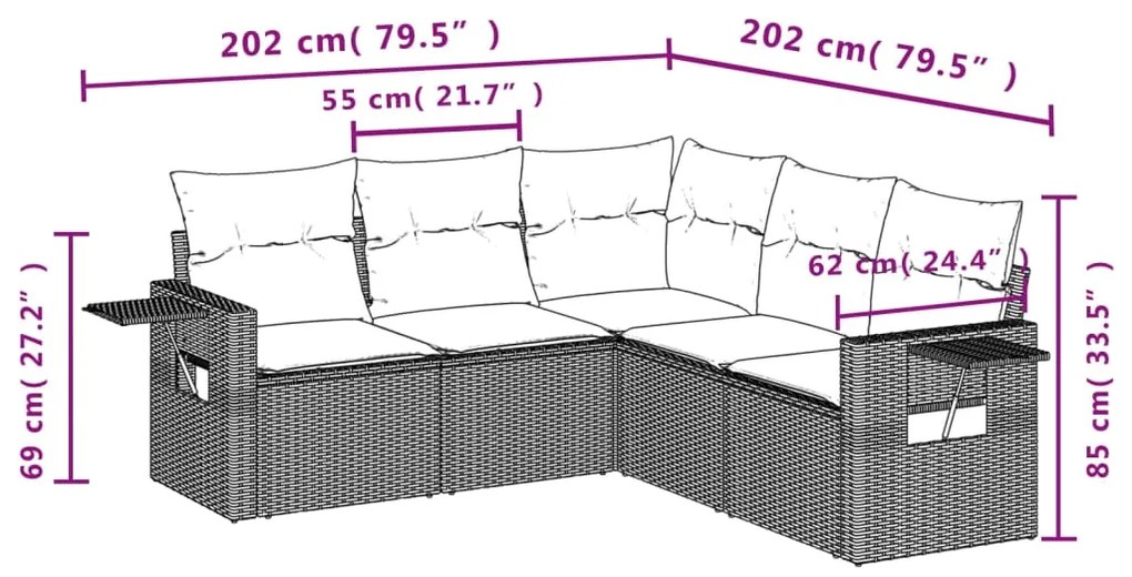 Set divani da giardino 5 pz con cuscini in polyrattan nero