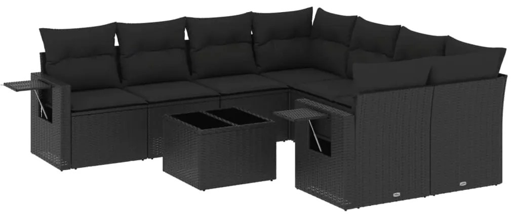 Set divani da giardino 9 pz con cuscini nero in polyrattan