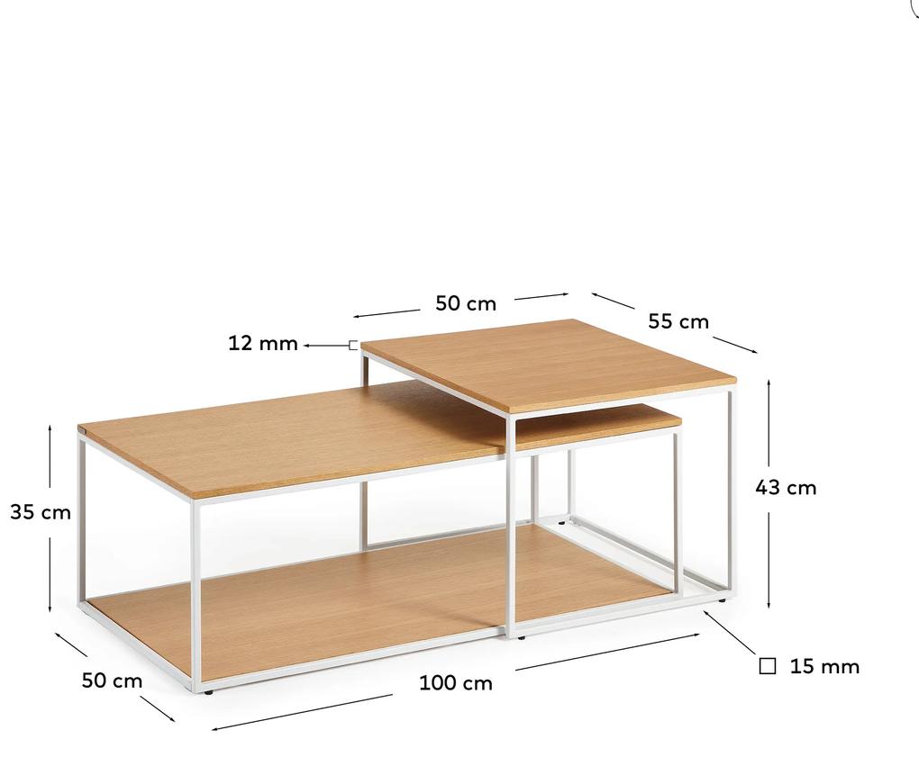 Kave Home - Set Yoana di 2 tavolini ad incastro impiallacciati rovere e struttura in metallo bianco