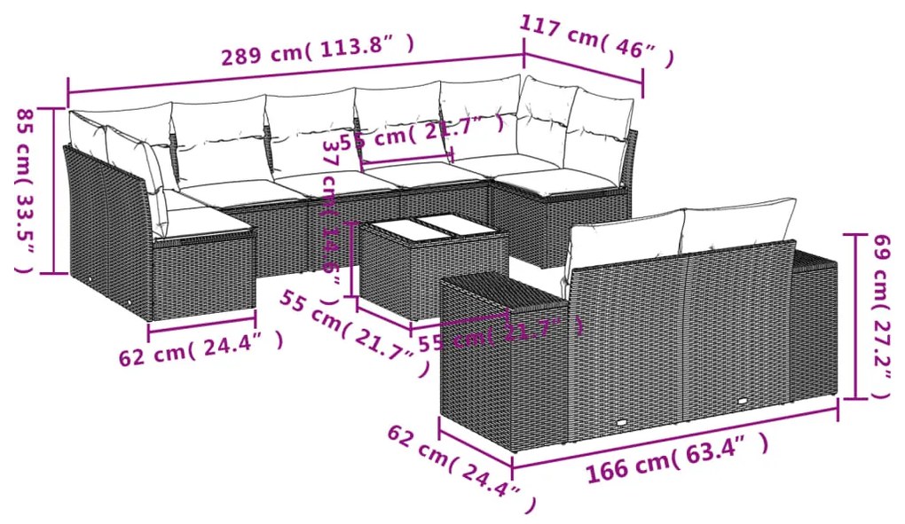 Set divani da giardino 10pz con cuscini in polyrattan nero