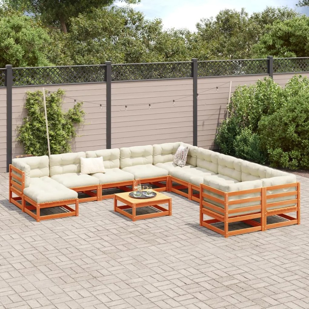 Set divani giardino 12pz con cuscini marrone cera massello pino