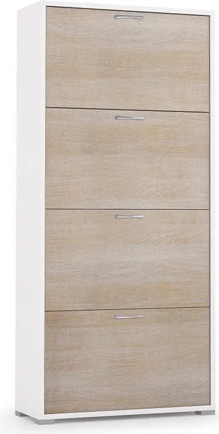 Scarpiera TERRANEO 4 ante apertura a ribalta, doppia profondità L 67 x H 147 x P 28 cm 24 paia, bianco e rovere