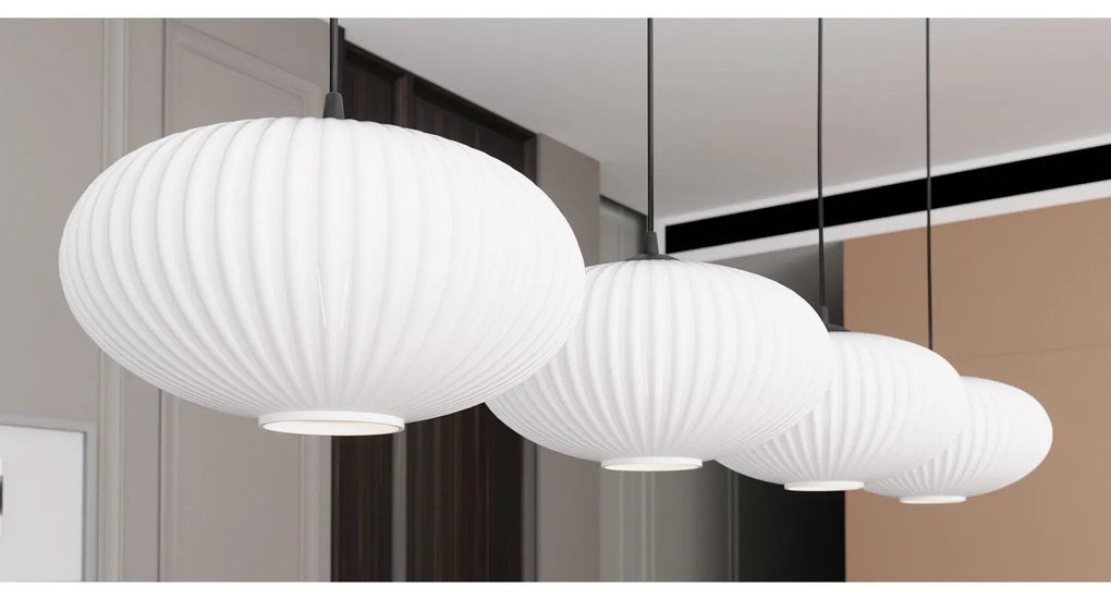 Lampadario 4 Luci Iris In Acciaio Nero Paralume Plissettato Bianco