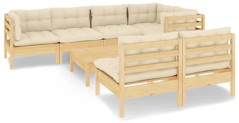 Set divani da giardino 8 pz con cuscini crema in massello di pino