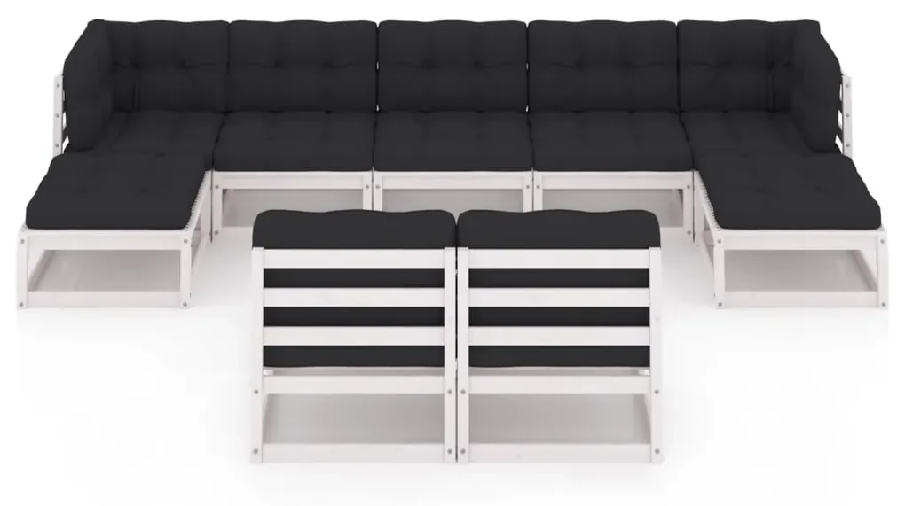 Set divani da giardino 9 pz con cuscini massello di pino bianco