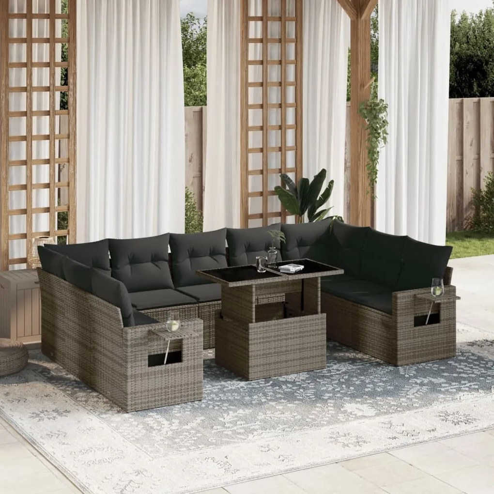 Set divano da giardino 10 pz con cuscini grigio in polyrattan