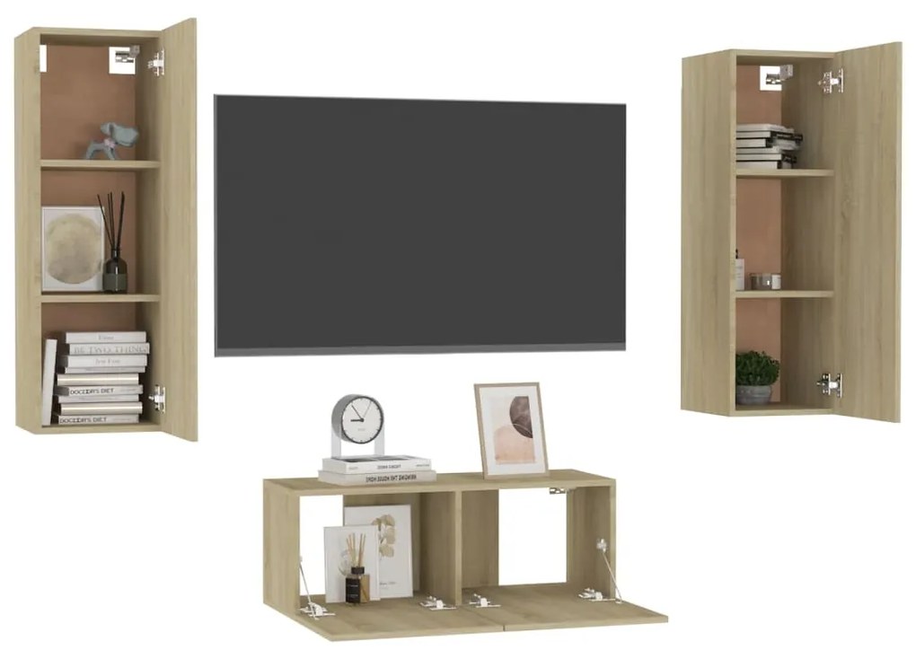 Set di mobili tv 3 pz rovere sonoma in legno multistrato