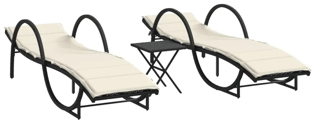 Lettini prendisole 2 pz con tavolino nero in polyrattan