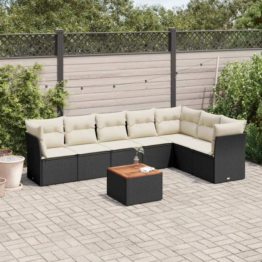 Set divani da giardino con cuscini 8 pz nero in polyrattan