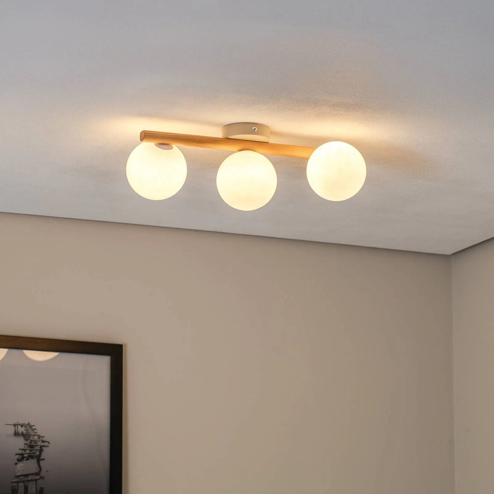 TK Lighting Plafoniera Estera, vetro opalino, legno, 3 luci