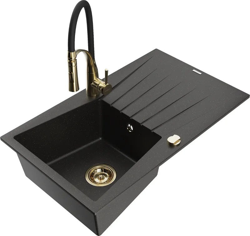 Mexen Cesar lavello in granito a 1 vasca con sgocciolatoio e miscelatore cucina Aster, nero/oro metallizzato