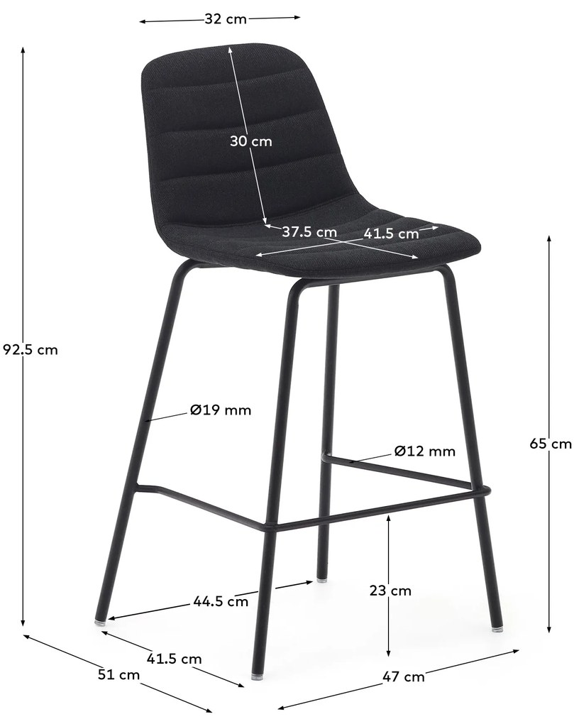 Kave Home - Sgabello Zunilda in ciniglia nera e acciaio con finiture nero opaco, altezza 65 cm