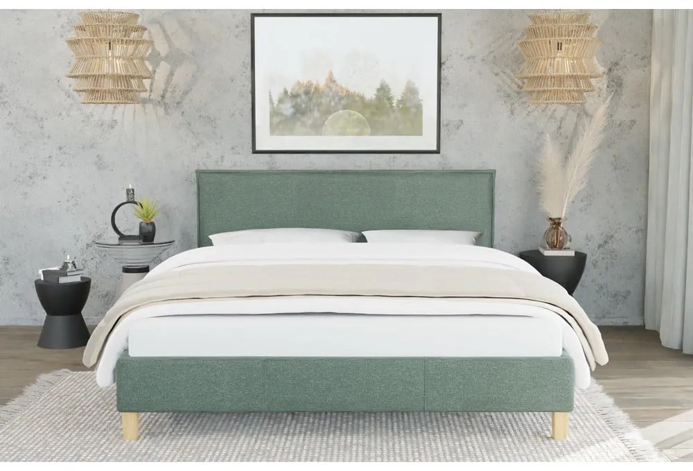 Letto matrimoniale imbottito verde con griglia 140x200 cm Tina - Ropez