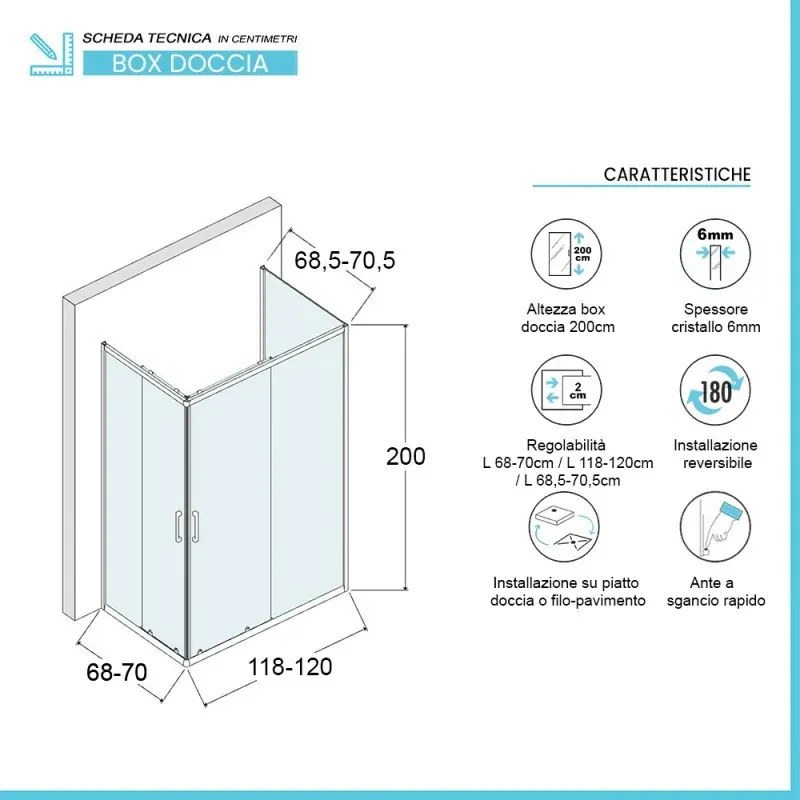 Box doccia 70x120x70 cm con doppio scorrevole trasparente H 200 cm Ted