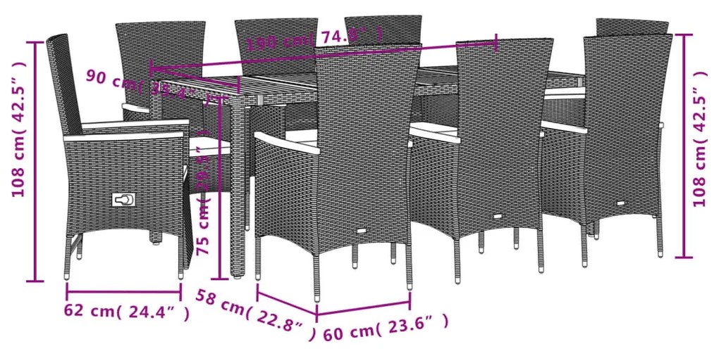Set da pranzo da giardino 9 pz con cuscini nero in polyrattan