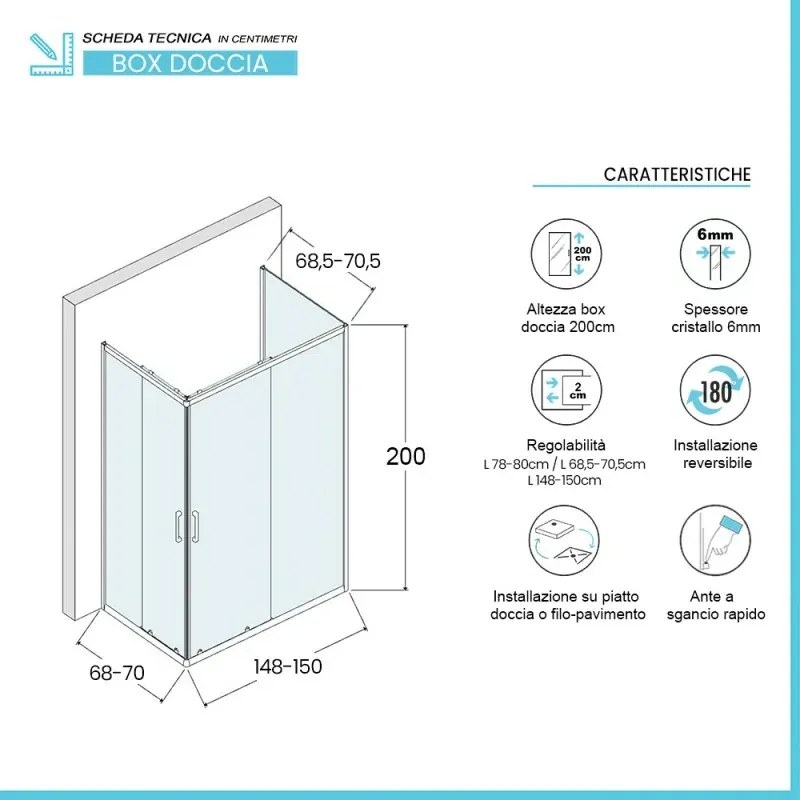 Box doccia 3 lati 70x150x70 cm con doppio scorrevole vetro trasparente Ted