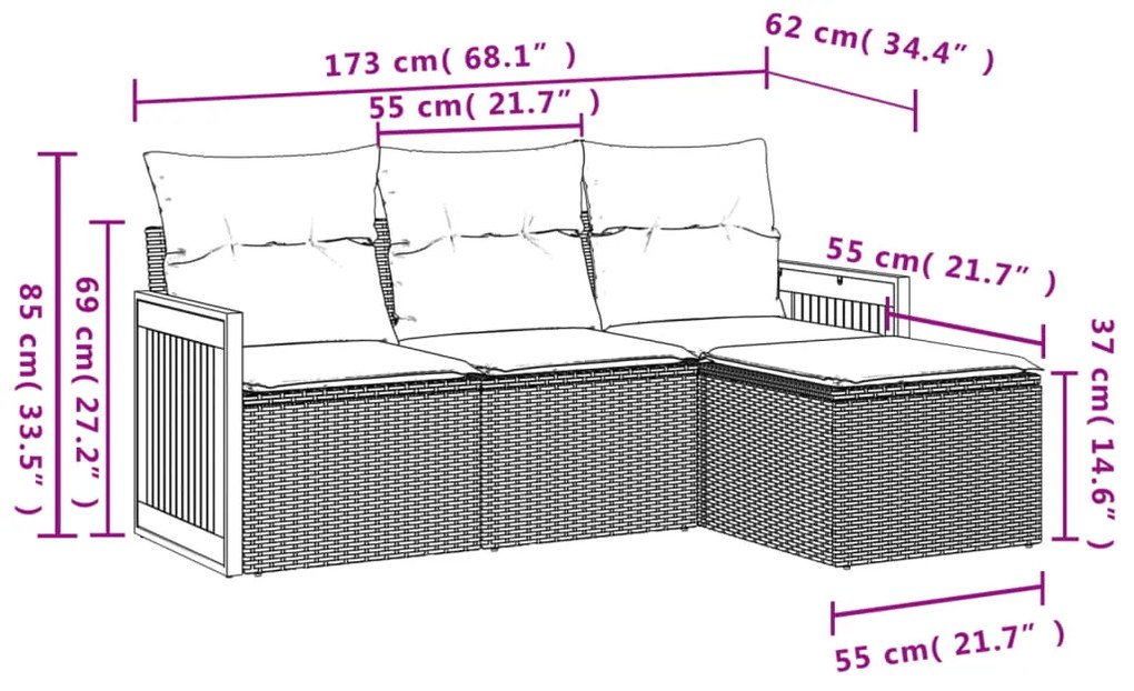 Set divani da giardino 4 pz con cuscini nero in polyrattan