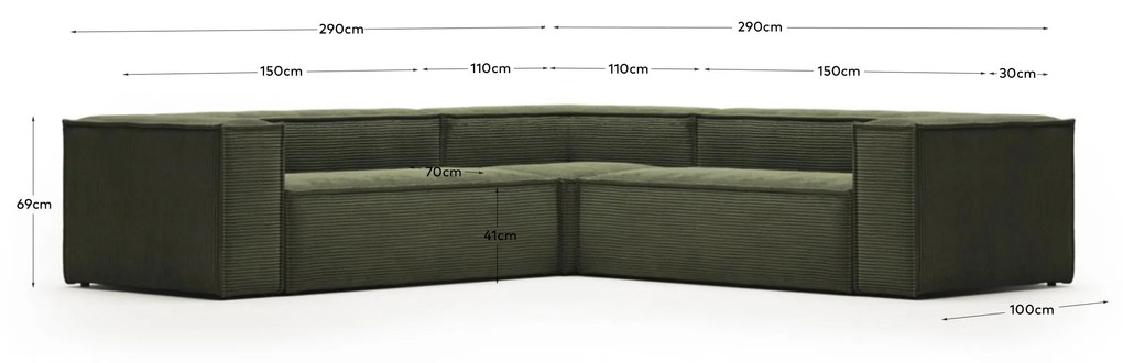 Kave Home - Divano ad angolo Blok 4 posti a coste spesso verde 290 x 290 cm