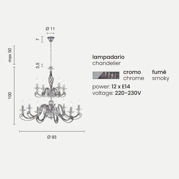 Lampadario a sospensione D93 cm 1306 in vetro soffiato lavorato a mano 8+4 luci FUME