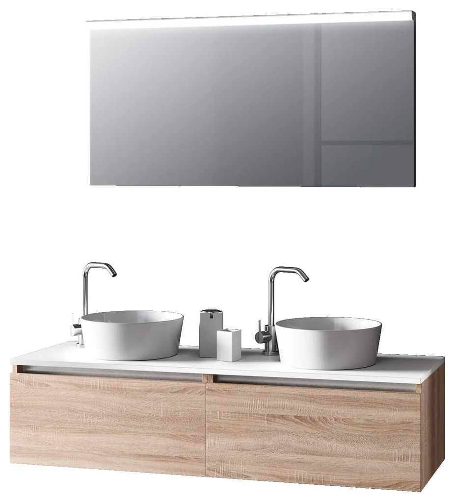Mobile Bagno 140cm Con Doppio Lavabo, Base Con Cassetto E Specchio Con LED Integrato