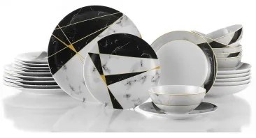 Set da tavola 24 pezzi, nero/bianco/oro, in porcellana