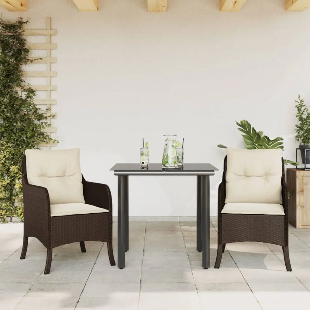 Set da pranzo da giardino 3pz con cuscini in polyrattan marrone