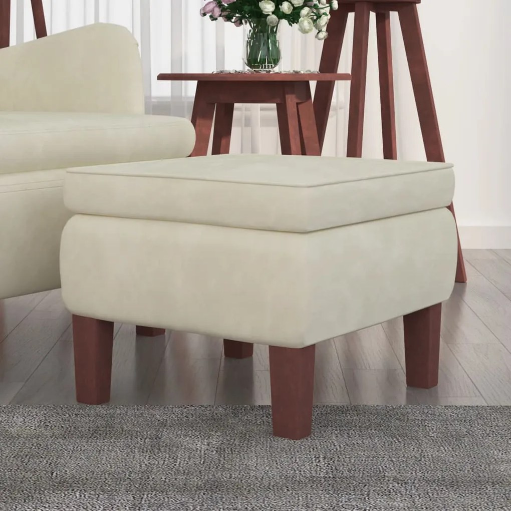 Poggiapiedi Con Gambe İn Legno Crema İn Velluto /