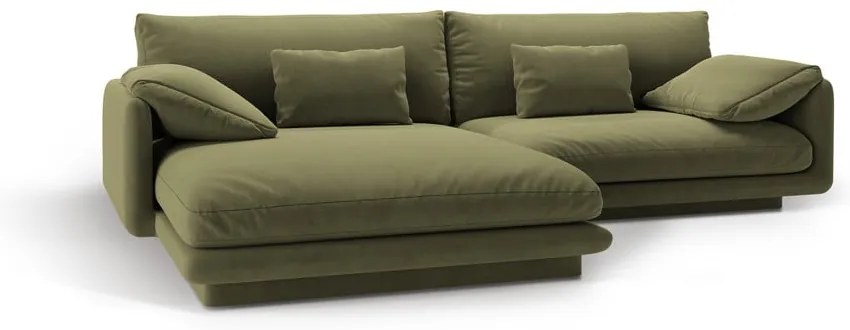 Divano angolare in verde chiaro (con penisola a sinistra/con chaise lounge) con rivestimento in velluto Torino – Micadoni