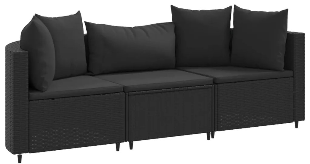 Set divani da giardino 3 pz con cuscini in polyrattan nero