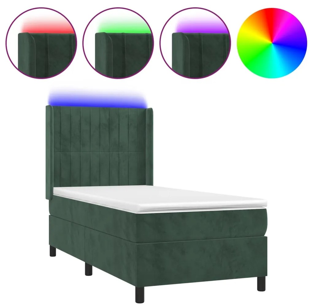 Letto a molle con materasso e led verde scuro 100x200cm velluto