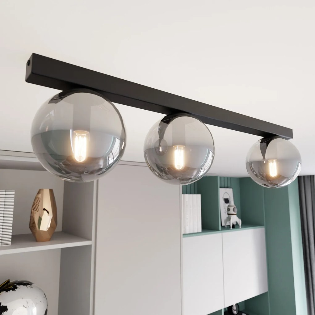 Plafoniera Moderna 3 Luci Giapeto Barra In Acciaio Nero E Sfere Di Vetro Fumè