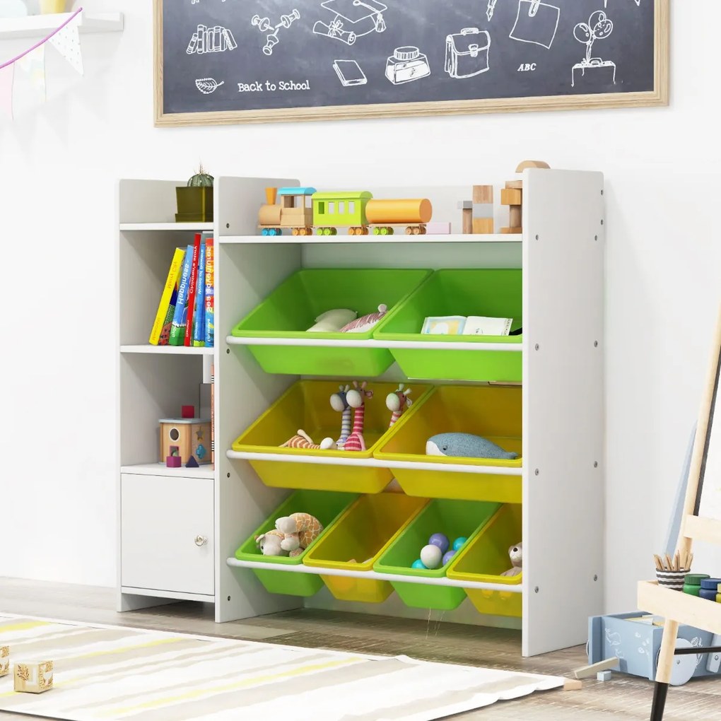 Costway Mobile porta giochi per bambini con 8 contenitori 1 anta, Libreria e scaffale per giocattoli a 4 livelli Bianco